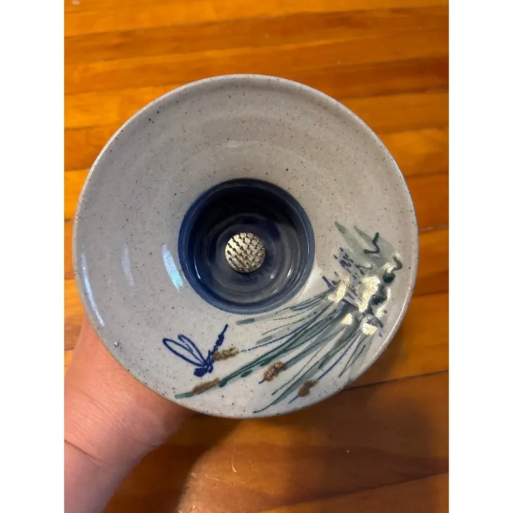 Great Bay Pottery Ikebana Flower Frog Vase Signed dragonfly and cat tails 2002